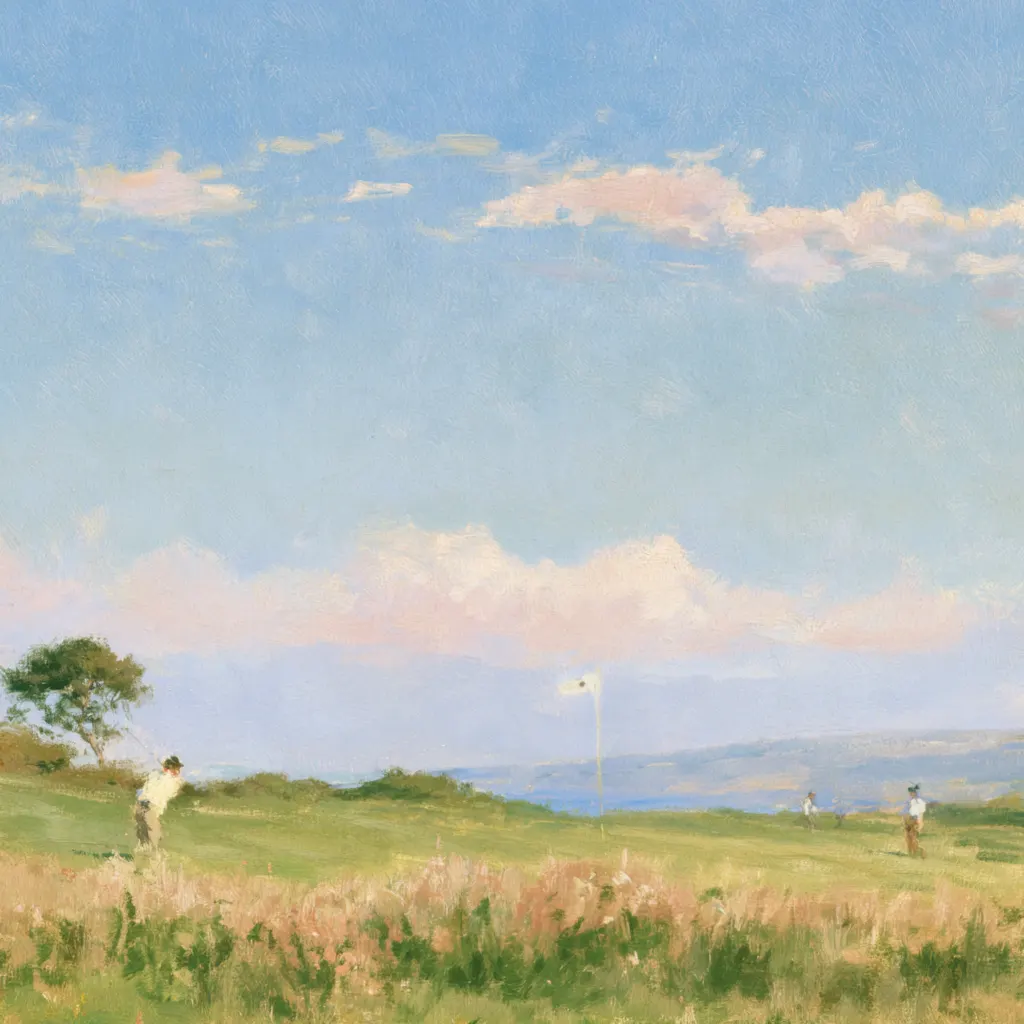 A painting of a golf course under a wide pale sky, a player mid-swing in the foreground and a flag on the green beyond, hills on the horizon