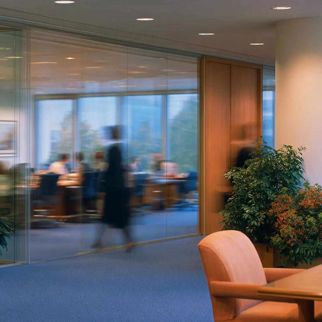 An open-plan office, a team at a long table by tall windows and a colleague blurred walking past a plant