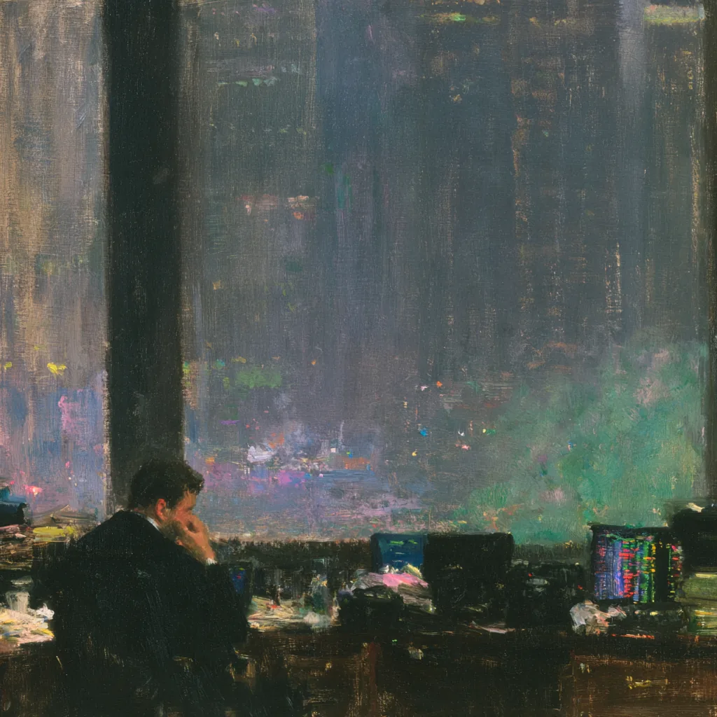 A painting of a finance worker at his desk late at night, chin in hand, facing a tall window onto dark Manhattan towers, a row of trading screens glowing beside him
