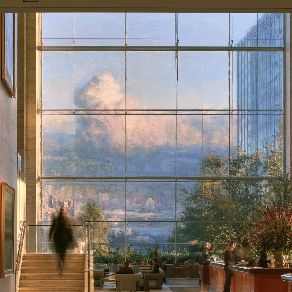 A tall glass atrium in an office building, clouds and a city skyline beyond the windows, a figure blurred mid-step on the stairs and people at a long desk below