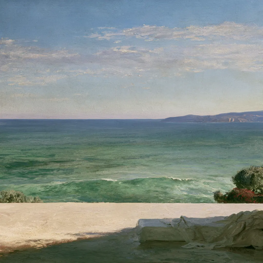 A painting of a calm green sea under a pale sky, a headland on the horizon