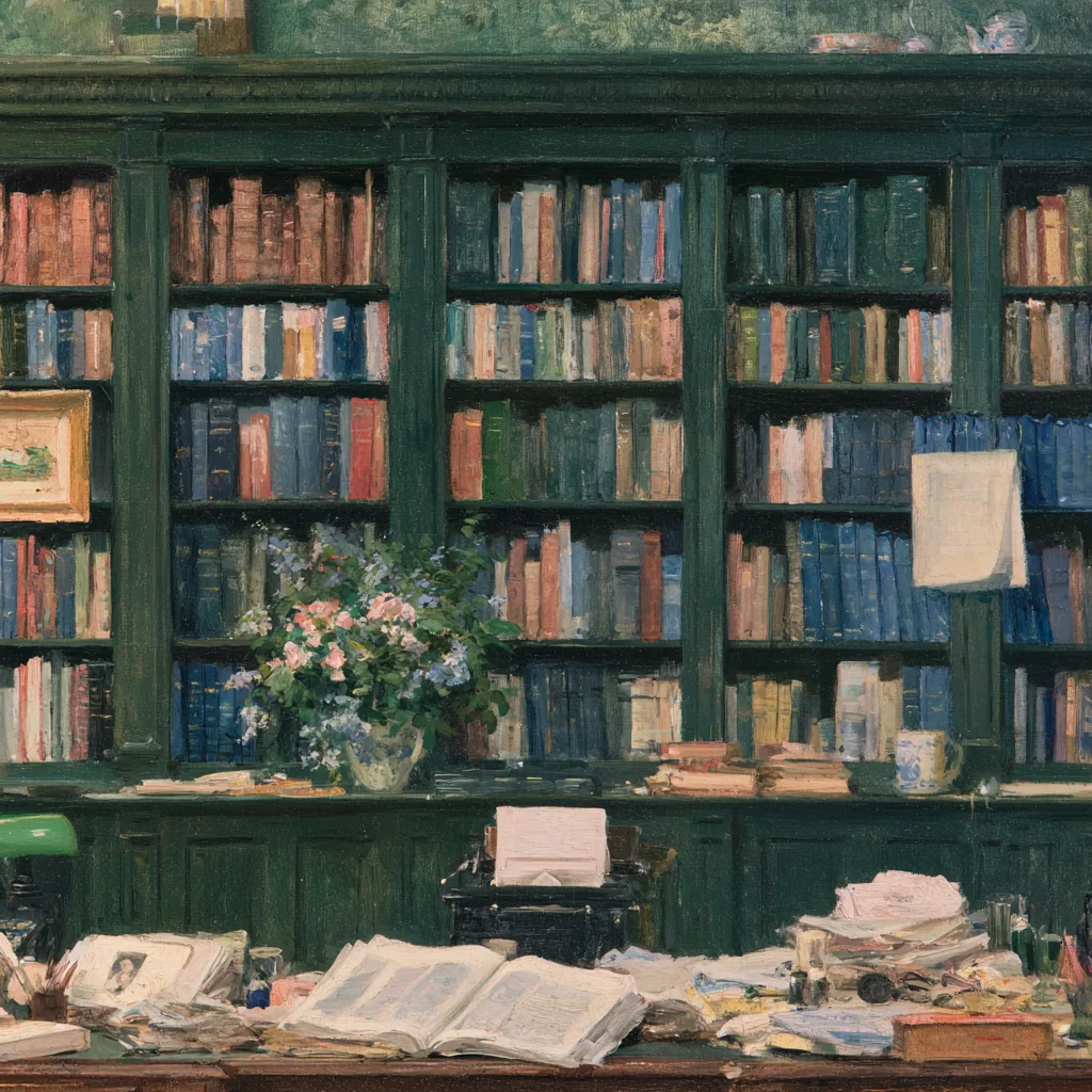 A painted study lined with green bookshelves, a vase of flowers on one shelf and a desk below covered in open ledgers, loose papers and a typewriter