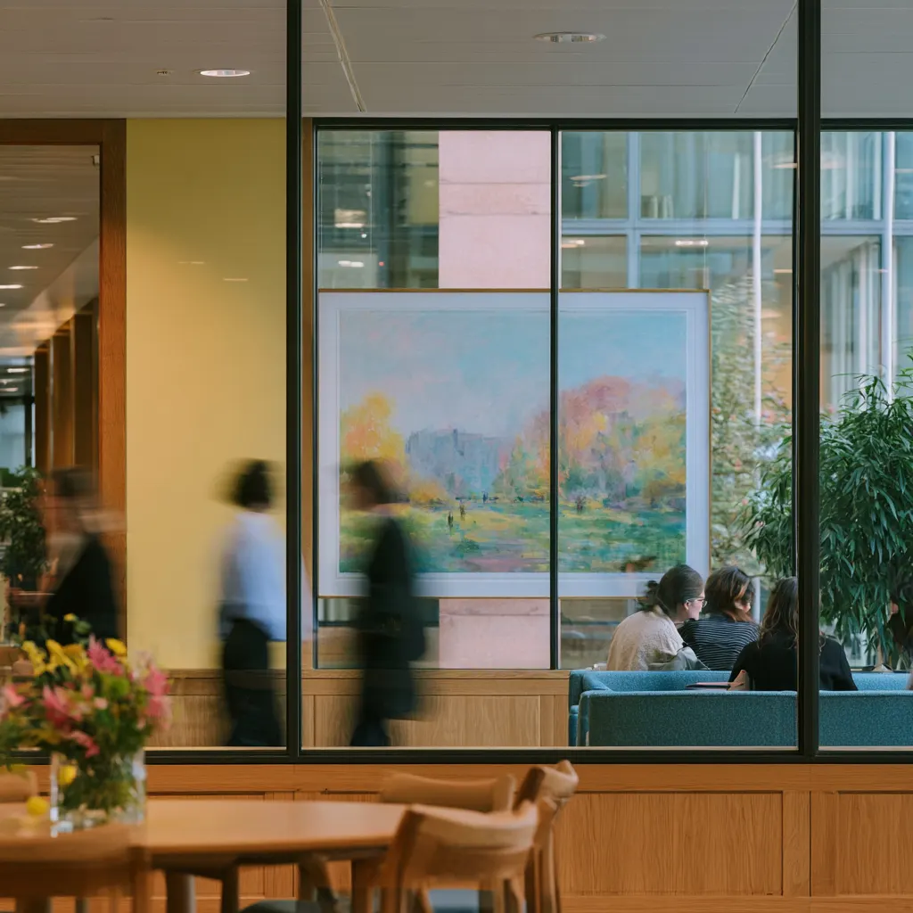 An office corridor past a glass meeting room with a landscape painting on its wall, people blurred walking and a few seated on a sofa