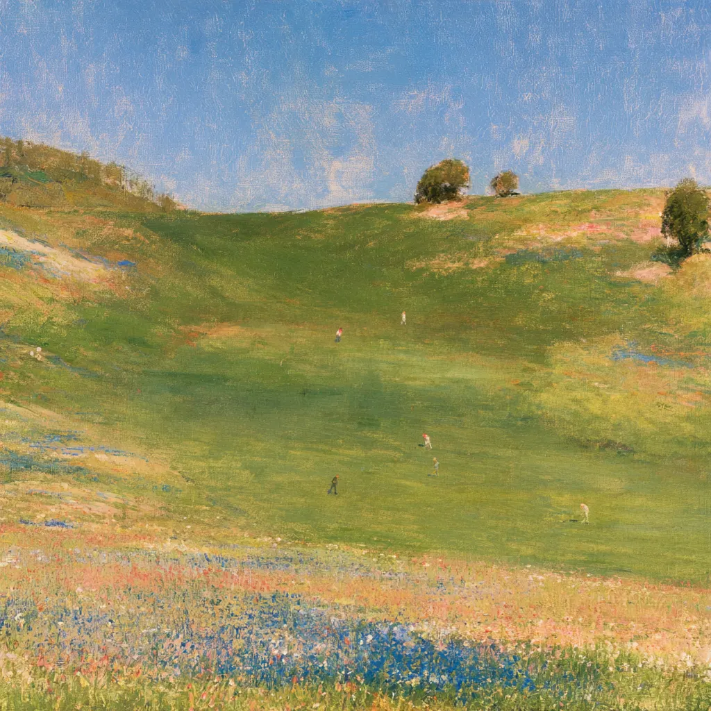A painting of a long green hillside under a hazy sky, small figures playing golf far up the slope