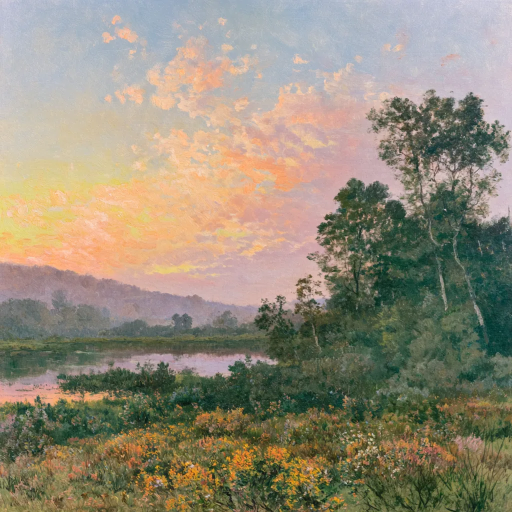 A painted marsh at sunset, pink and orange clouds over a still pond, wildflowers in the foreground and a stand of dark trees on the right