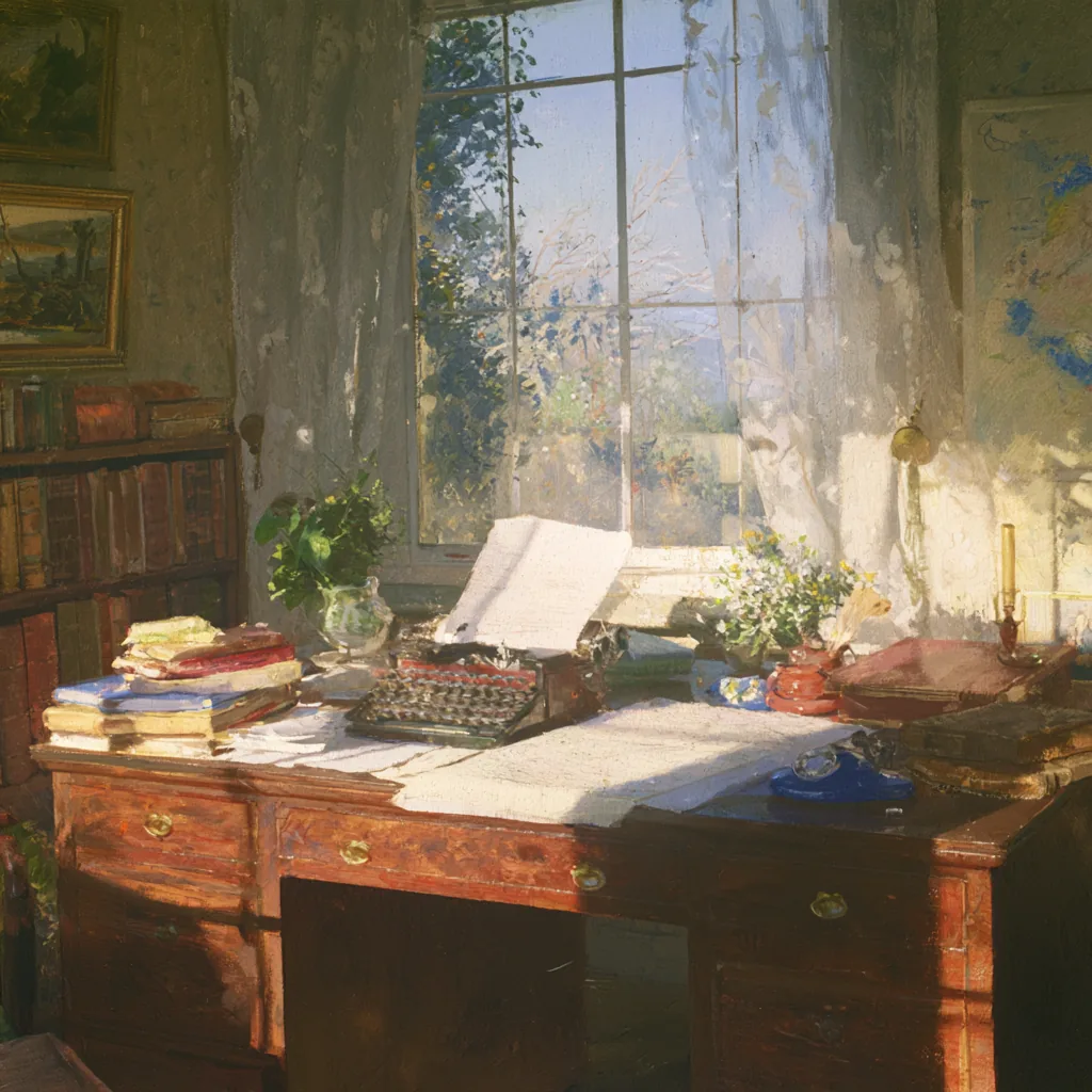 A painting of an old writing desk in afternoon sun by a curtained window, stacked with ledgers, loose papers and a typewriter, bookshelves on the wall beside it