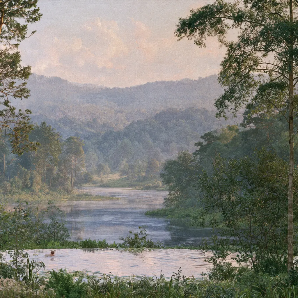 A painted river winding through a wooded valley toward blue hills, tall pines on the bank and a pale sky above