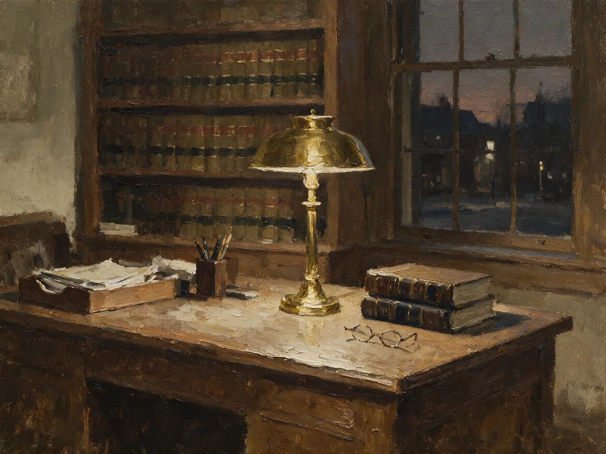 A painted study at dusk, a brass lamp lit on a desk of papers and books, shelves of bound volumes behind it