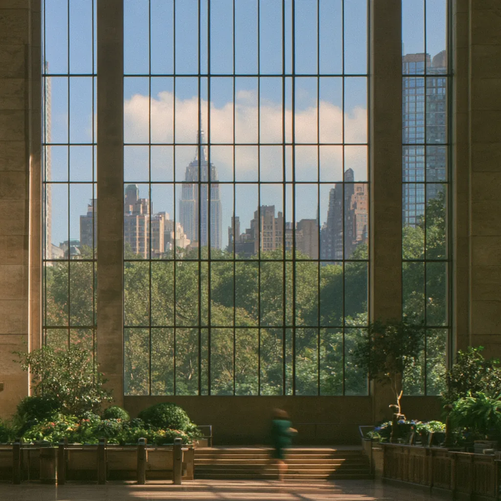 A tall arched window in a stone hall, its grid of panes framing Manhattan towers above a park, with plants along the sill and a figure on the steps below