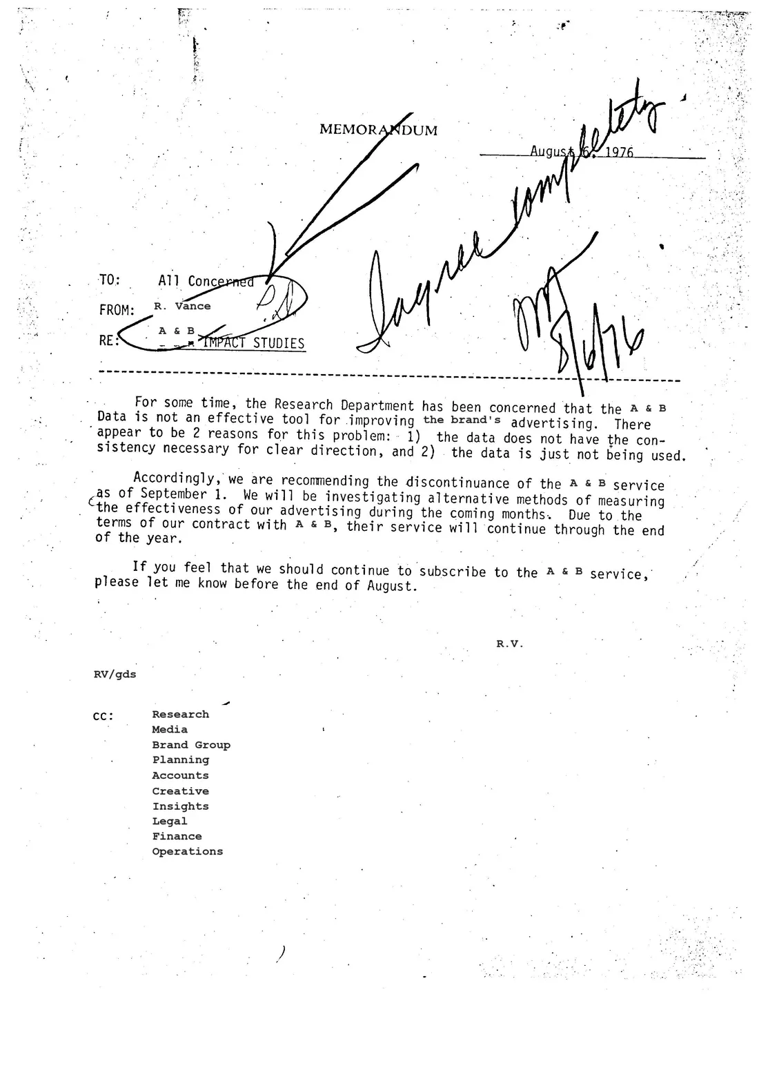 A 1976 internal memorandum with a handwritten note across the top right