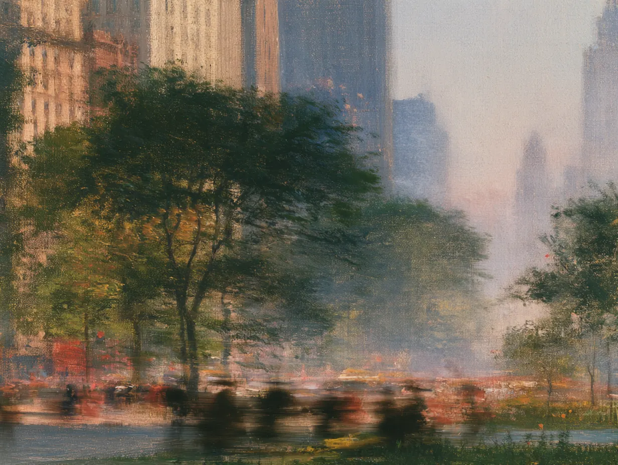 A hazy painting of Manhattan seen through park trees, pale towers in the distance and a crowd moving in a blur along the street below
