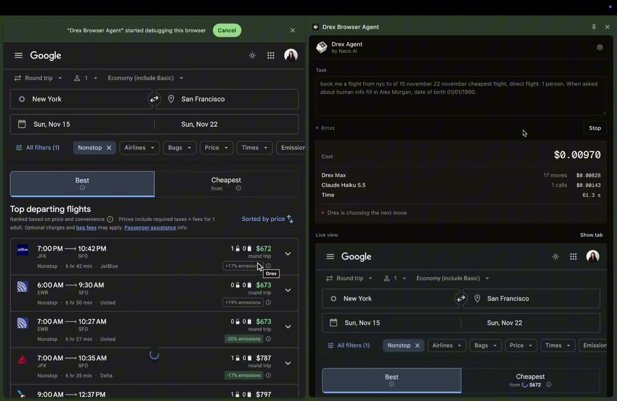 Drex Max driving a browser through Google Flights, the cheapest nonstop New York to San Francisco fare highlighted and the agent's decisions listed beside the page