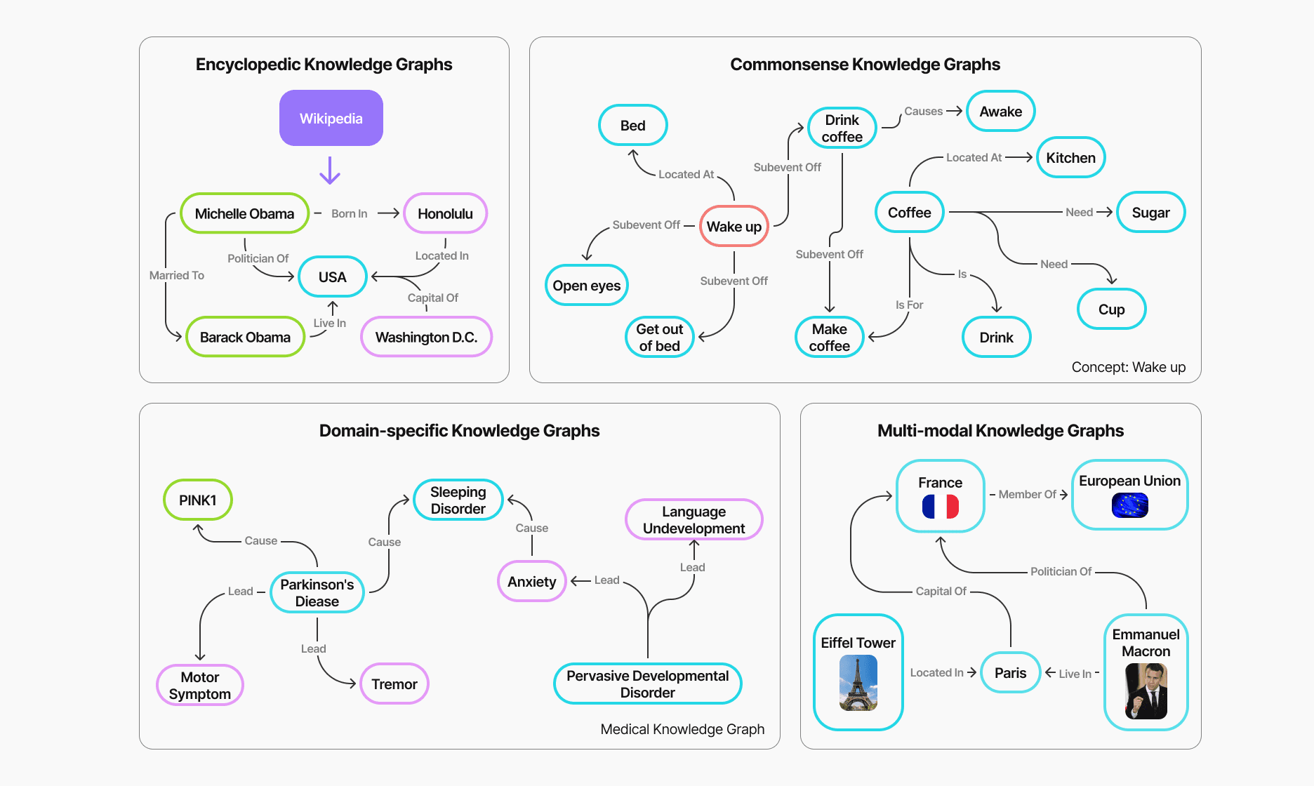 Figure 1. Examples of different categories' knowledge graphs, i.e., encyclopedic KGs, commonsense KGs, domain-specific KGs, and multi-modal KGs. (from ref. 1).