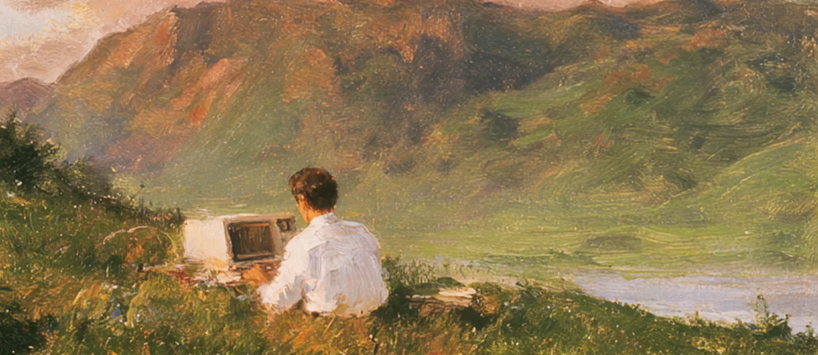 An oil painting of a person working at a vintage computer on a hillside below a mountain