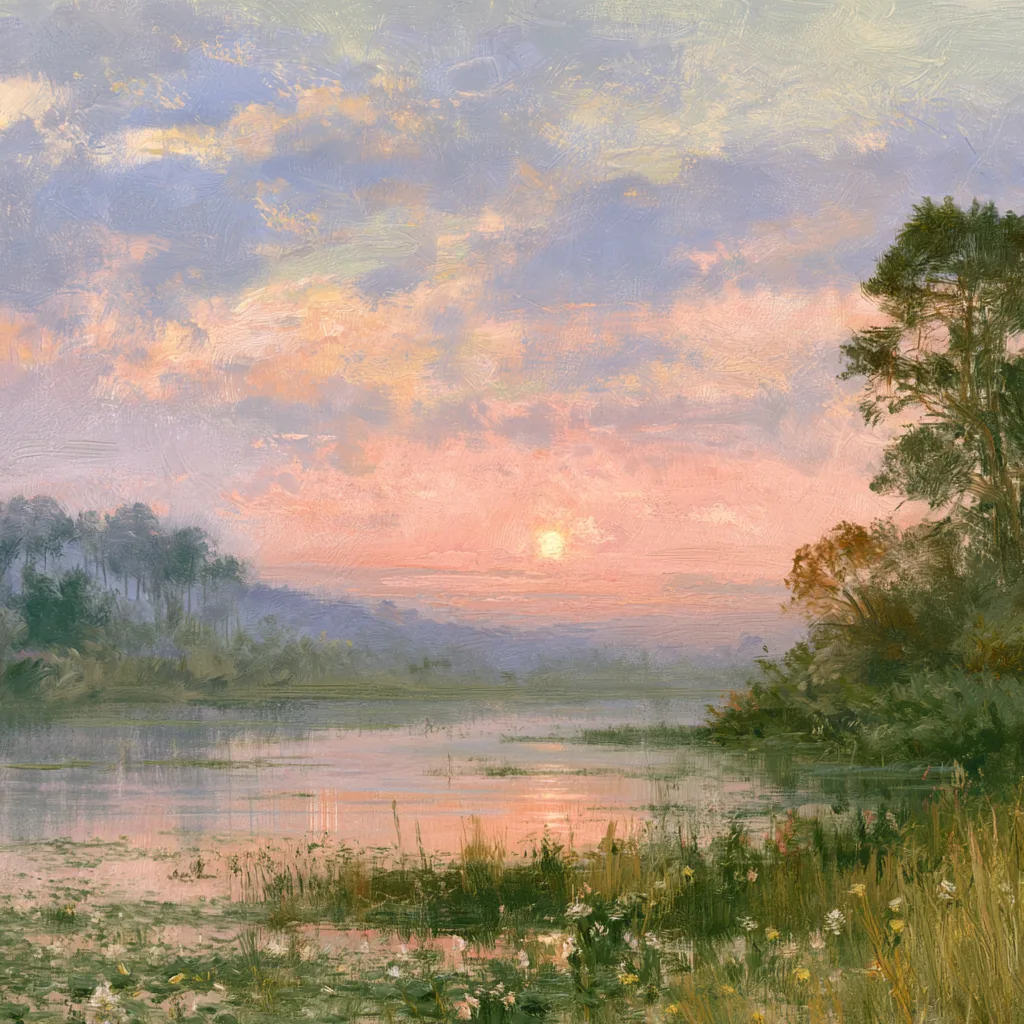 Oil painting of a soft sunset over still water