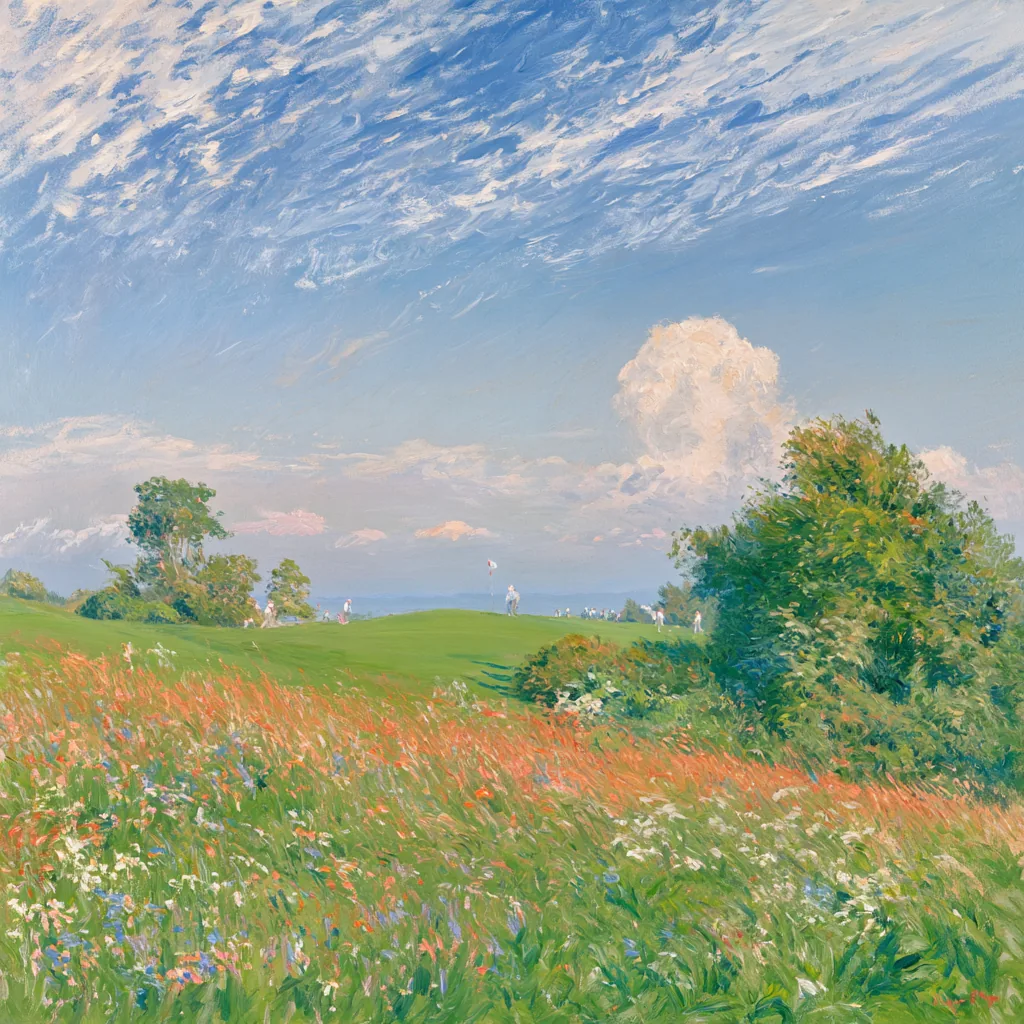 Oil painting of a flowering meadow under a bright sky