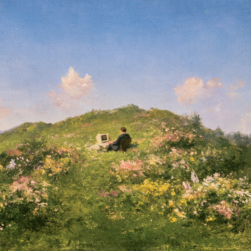 Oil painting of a person working on a laptop on a flowering hillside under a blue sky