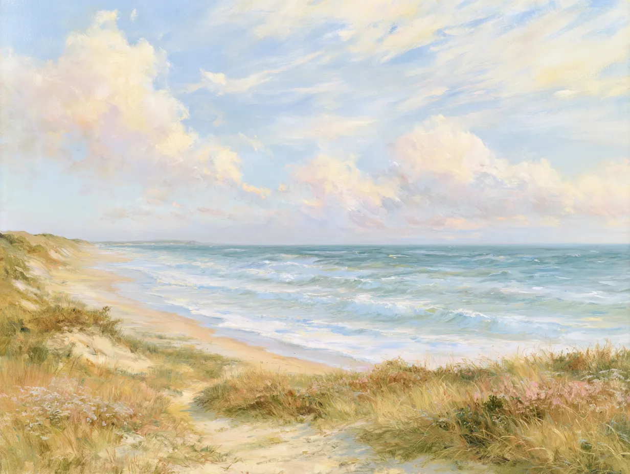 Oil painting of dunes above a breaking sea